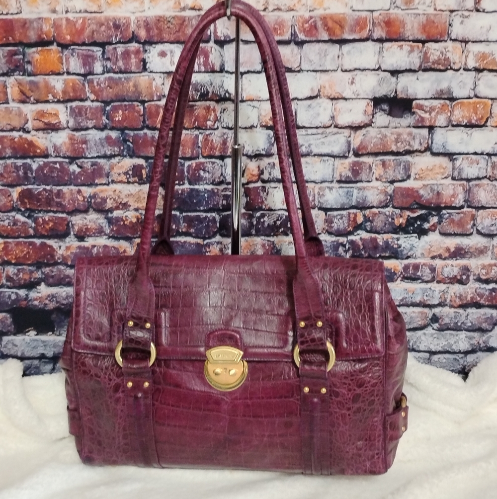 Brahmin Purple Croc Embossed Leather Savoy Rendezvous Handbag Tote Purse